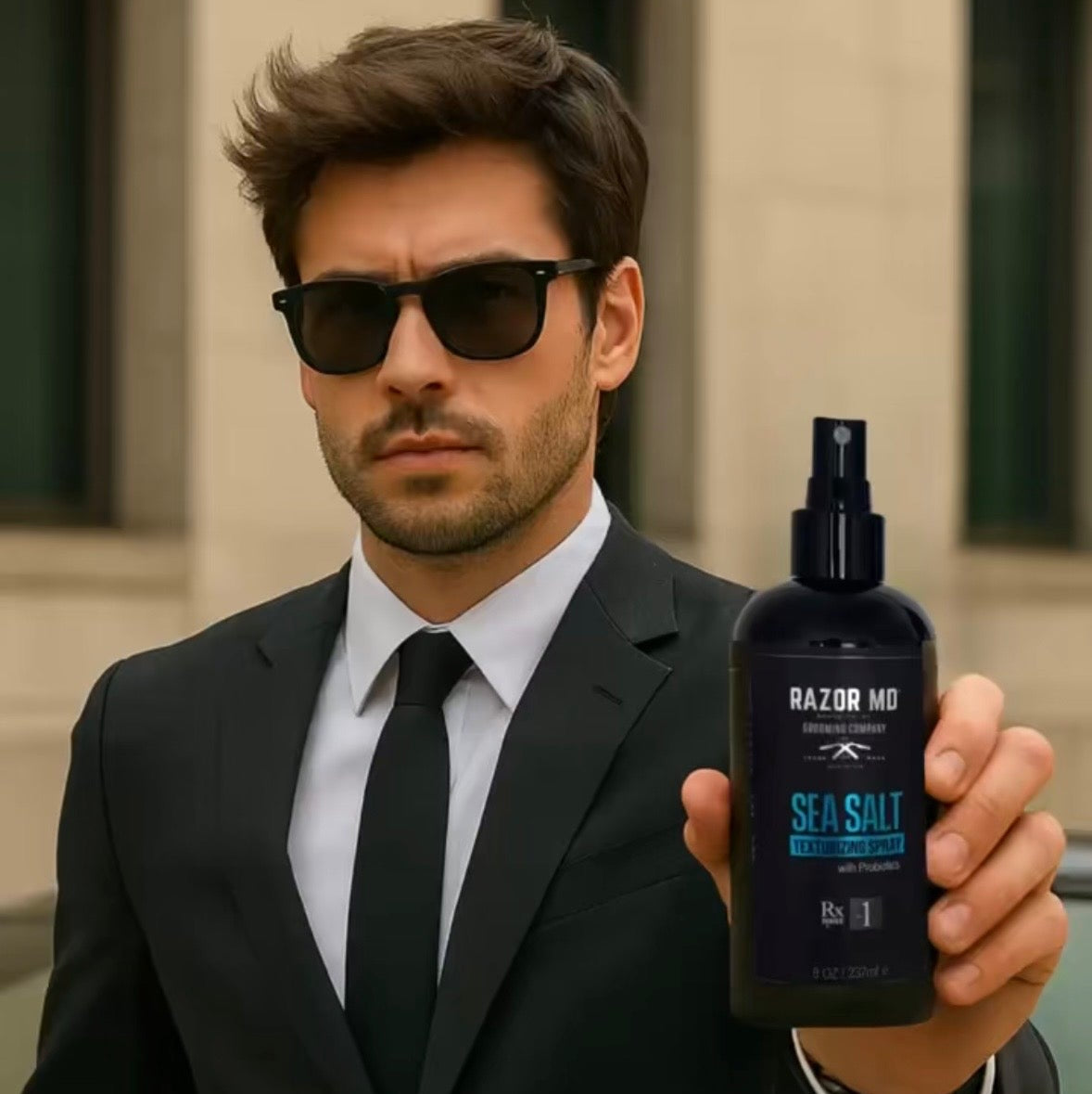 Man in a suit holding a bottle of 'Razor MD' product outdoors.