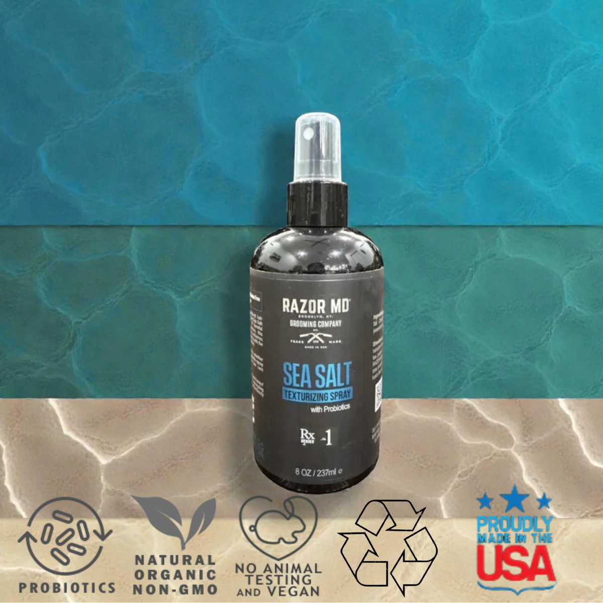 Bottle of RAZOR MD Sea Salt Exfoliating Spray with a blue and beige background