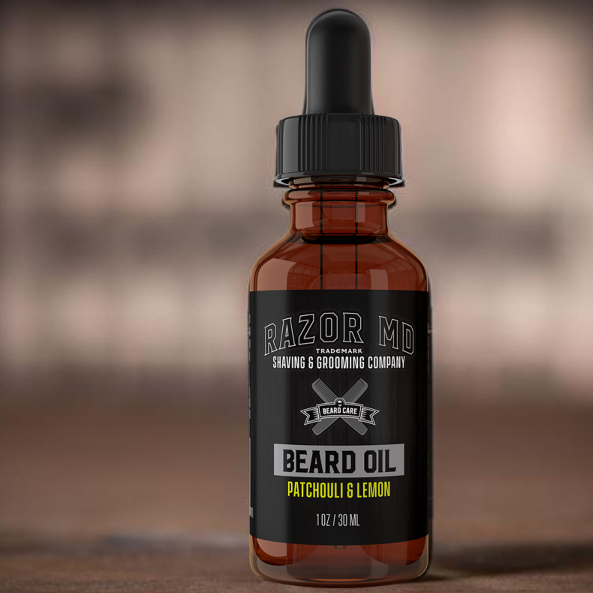 Bottle of Razor MD beard oil with a blurred background