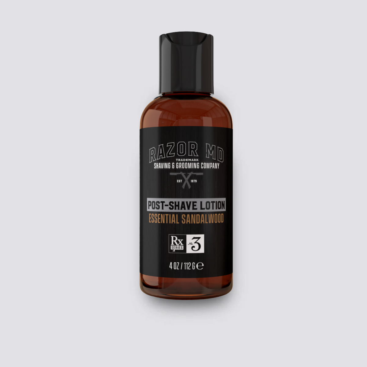 Bottle of RAZOR MD post-shave lotion on a light gray background