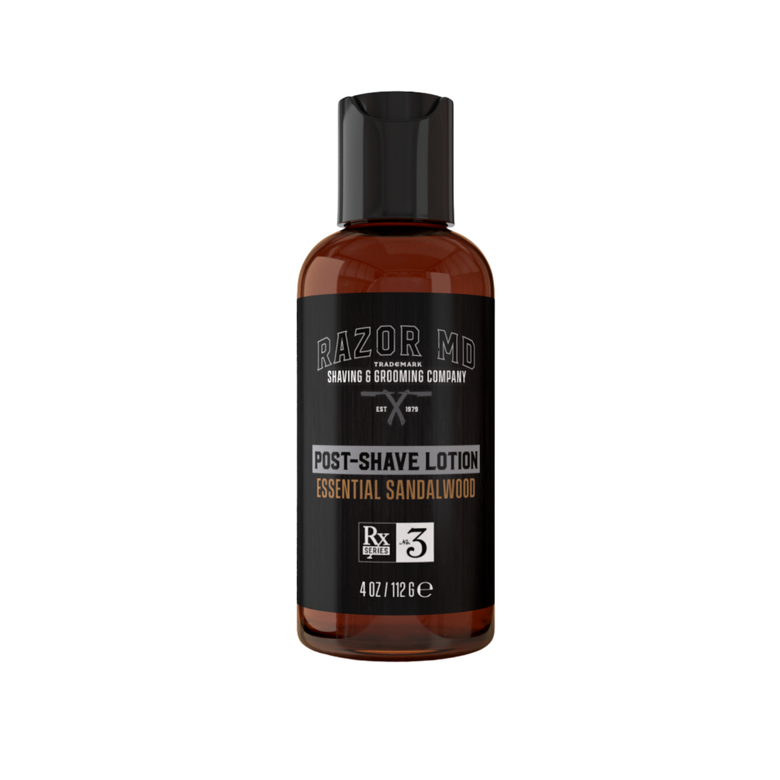 Bottle of RAZOR MD post-shave lotion on a light gray background